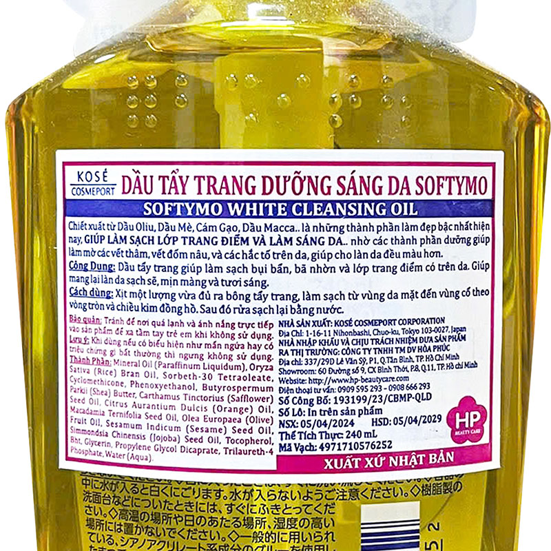Dầu tẩy trang dưỡng sáng da Nhật Bản Kose Softymo White Cleansing Oil 240ml thương hiệu KOSE