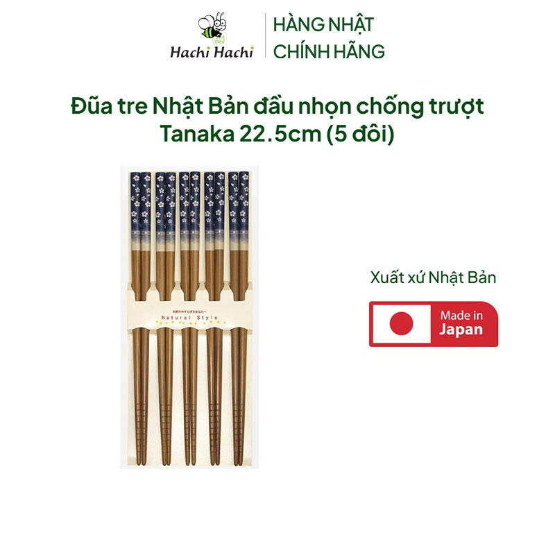 Đũa tre Nhật Bản đầu nhọn chống trượt Tanaka 22.5cm (5 đôi)  thương hiệu TANAKA HASHI