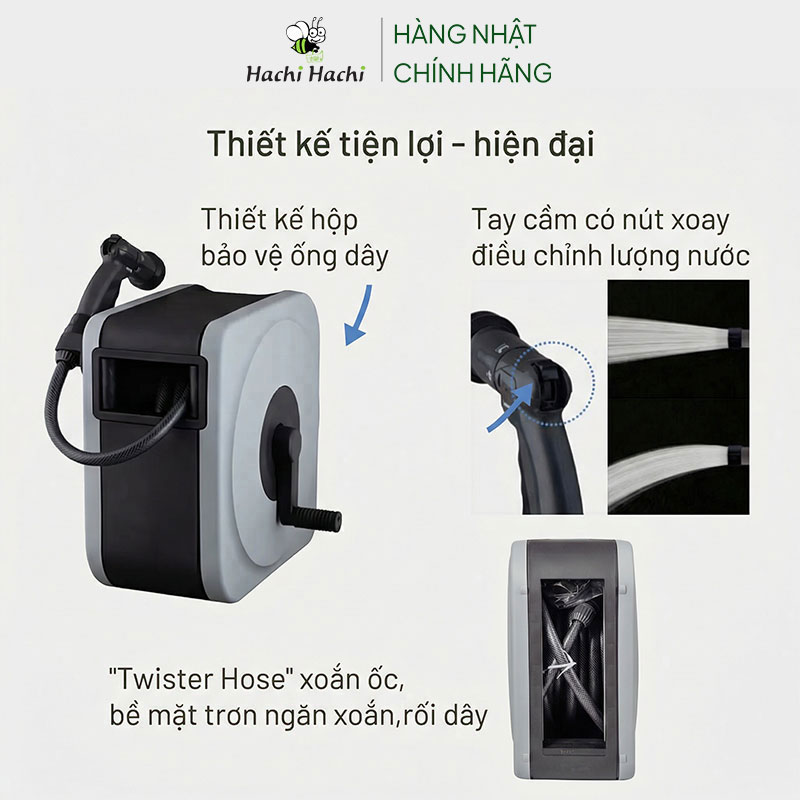 Bộ vòi tưới cây, rửa xe thu cuộn dây Nhật Bản Takagi Boxy Next 20m thương hiệu TAKAGI