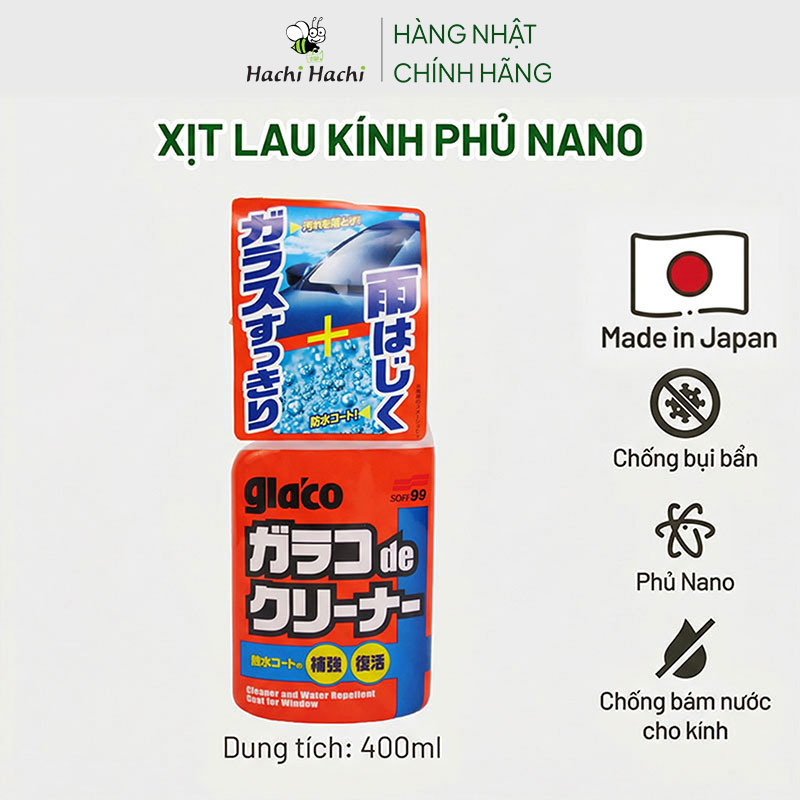 Xịt lau kính phủ Nano Nhật Bản chống bám nước kính ô tô, kính cường lực, cửa kính Glaco 400ml thương hiệu SOFT99 CORPORATION