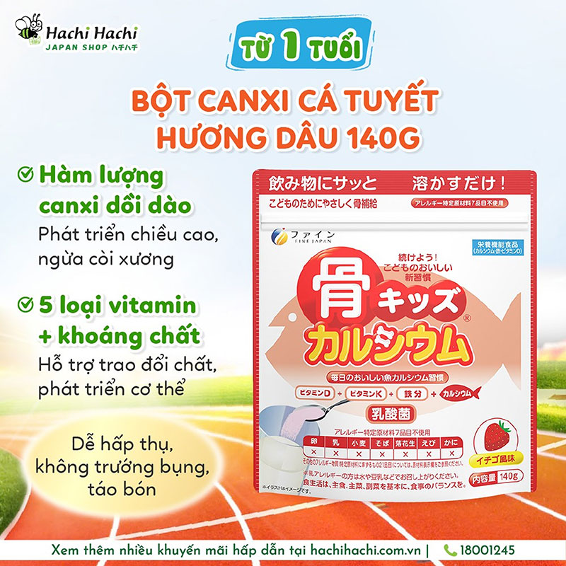 TPBVSK: Bột Bone's Calcium For Kids Nhật Bản Hương Dâu 140g, bổ sung Canxi, D, xương răng chắc khỏe, giảm còi xương thương hiệu FINE JAPAN