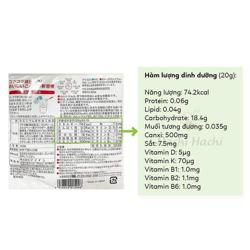 TPBVSK: Bột Bone's Calcium For Kids Nhật Bản Hương Dâu 140g, bổ sung Canxi, D, xương răng chắc khỏe, giảm còi xương thương hiệu FINE JAPAN