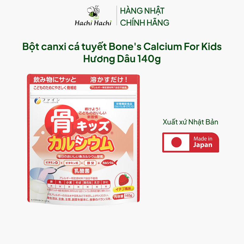 TPBVSK: Bột canxi cá tuyết Bone's Calcium For Kids Nhật Bản Hương Dâu 140g, bổ sung Canxi, D, xương răng chắc khỏe, giảm còi xương thương hiệu FINE JAPAN