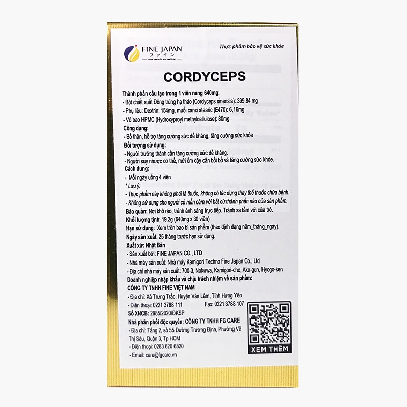 TPBVSK: Viên uống Cordyceps Nhật Bản 30 viên, đông trùng hạ thảo bổ thận, tăng đề kháng, sức khỏe thương hiệu FINE JAPAN
