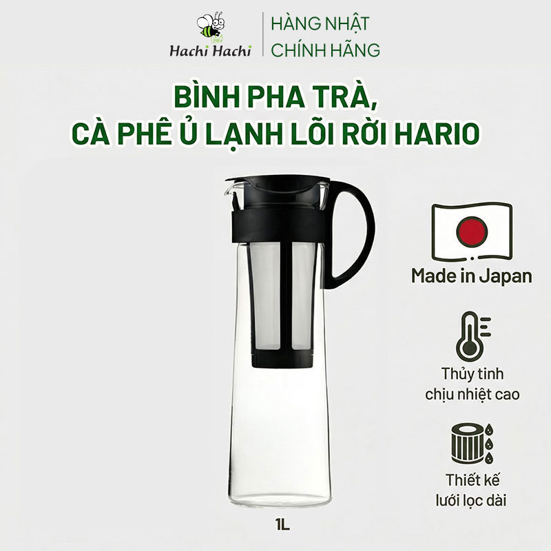 Bình pha trà cà phê Cold Brew, ủ lạnh cà phê Nhật Bản Hario 1L MCPN-14B (Đen) thương hiệu HARIO