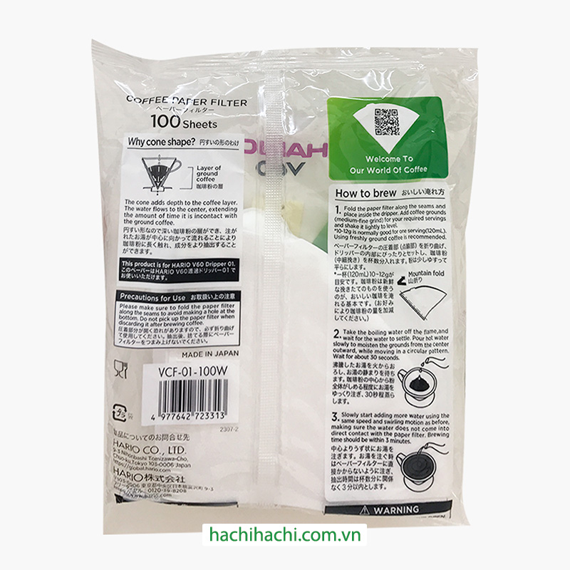 Giấy lọc cà phê Hario Nhật Bản 100 cái (V60-VCF-01-100W) 1-2 cups, màu trắng thương hiệu HARIO