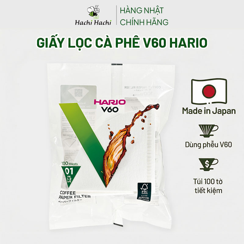 Giấy lọc cà phê Hario Nhật Bản 100 cái (V60-VCF-01-100W) 1-2 cups, màu trắng thương hiệu HARIO
