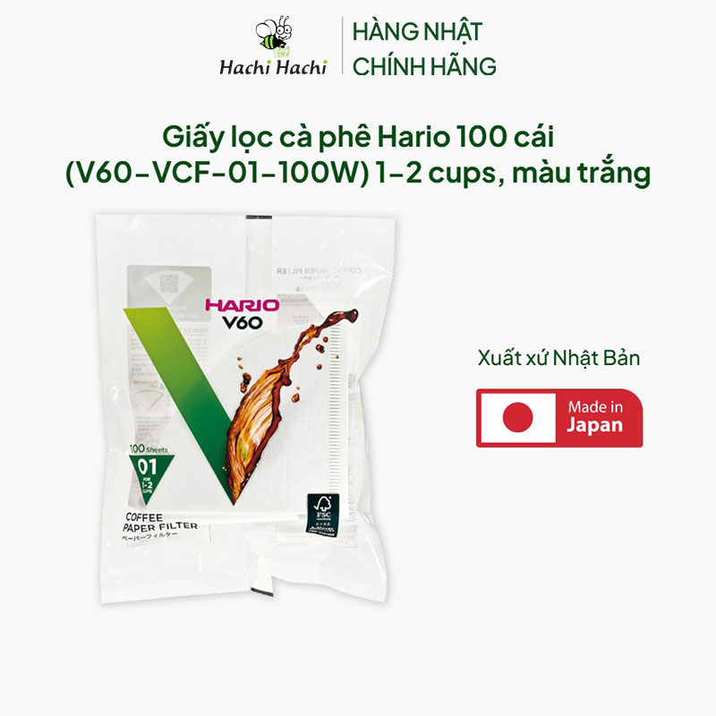Giấy lọc cà phê Hario Nhật Bản 100 cái (V60-VCF-01-100W) 1-2 cups, màu trắng thương hiệu HARIO