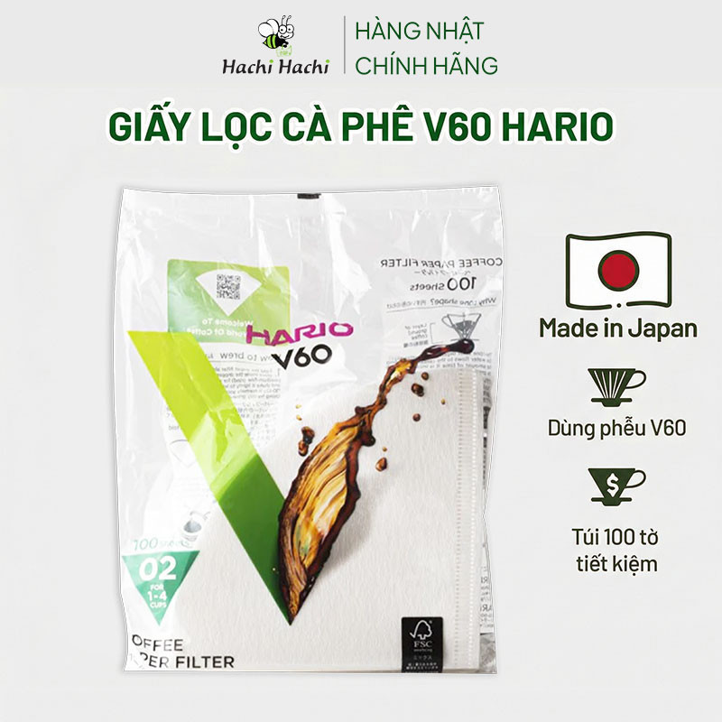 Giấy lọc cà phê Pour Over Hario Nhật Bản 100 cái V60-VCF-02-100W 1-4 cups thương hiệu HARIO