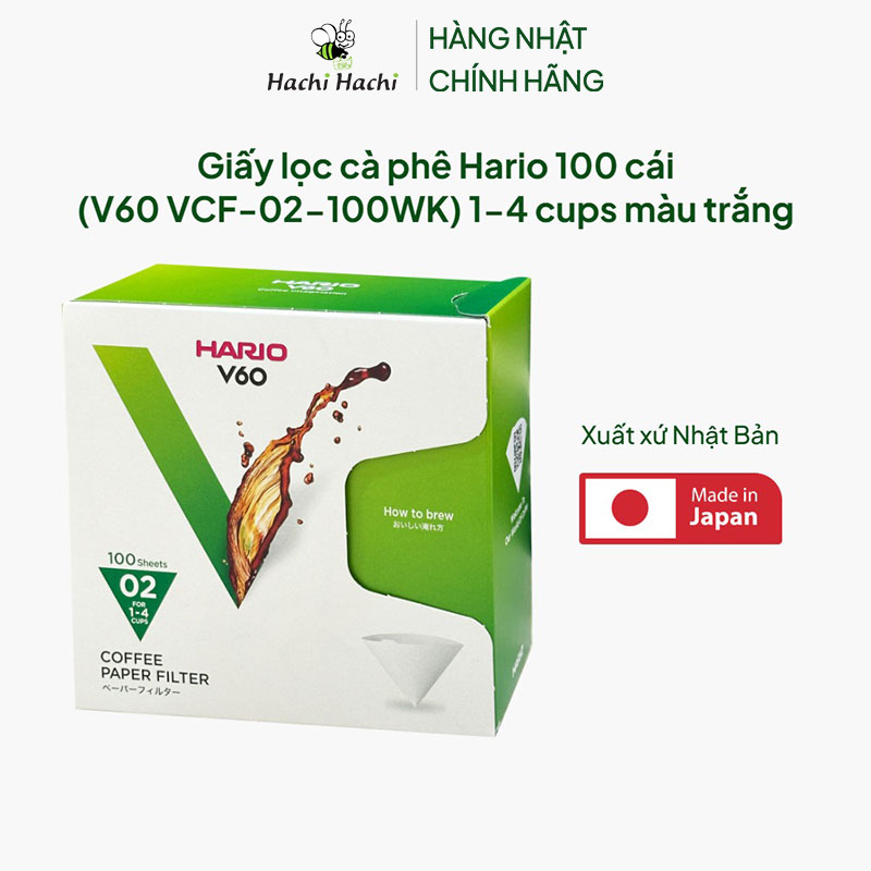 Giấy lọc cà phê Nhật Bản Hario 100 cái (V60 VCF-02-100WK) 1-4 cups màu trắng thương hiệu HARIO