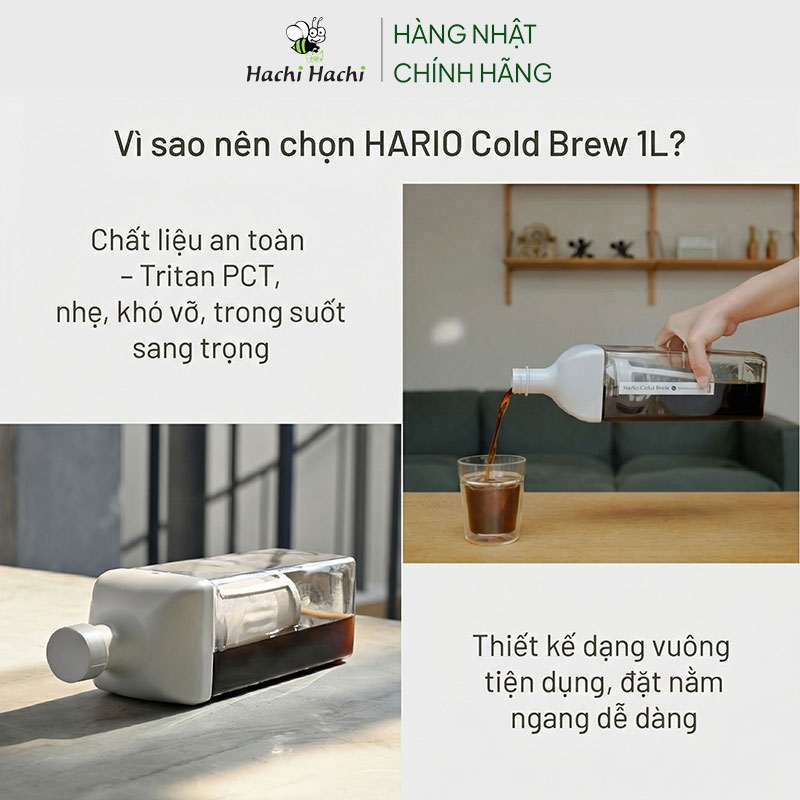 Bình pha cà phê Cold Brew Hario 1L KAC-110-PGR (Nhựa Tritan PCT cao cấp) thương hiệu HARIO