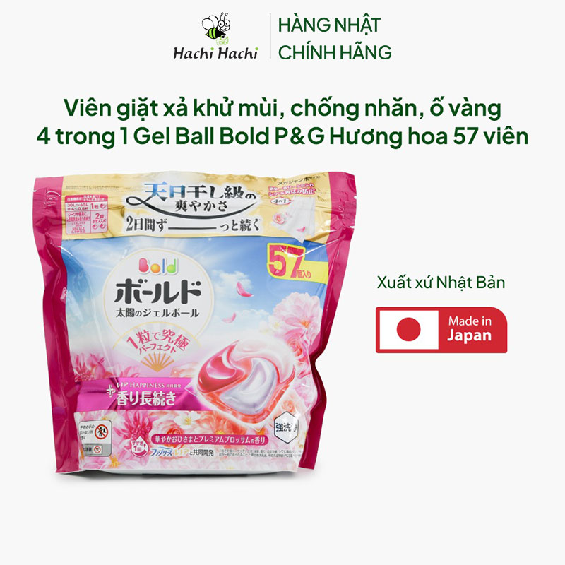 Viên giặt xả khử mùi, chống nhăn, ố vàng 4 trong 1 Gel Ball Bold P&G Hương hoa 57 viên thương hiệu P&G