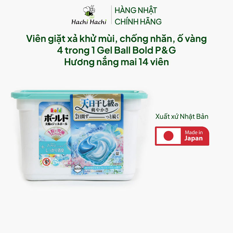 Viên giặt xả Nhật Bản khử mùi, chống nhăn, ố vàng 4 trong 1 Bold P&G Hương nắng mai 14 viên thương hiệu P&G
