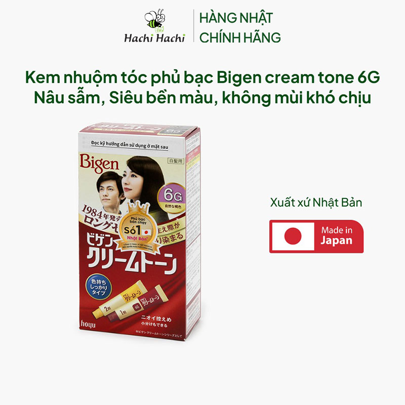 Kem nhuộm tóc phủ bạc Nhật Bản Bigen cream tone 6G Nâu sẫm, Siêu bền màu, không mùi khó chịu thương hiệu HOYU
