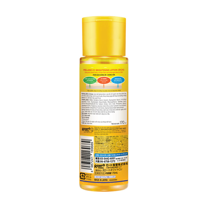 Dung dịch dưỡng trắng Nhật Bản cải thiện thâm nám Melano CC brightening Lotion (Rich) 170ml thương hiệu ROHTO