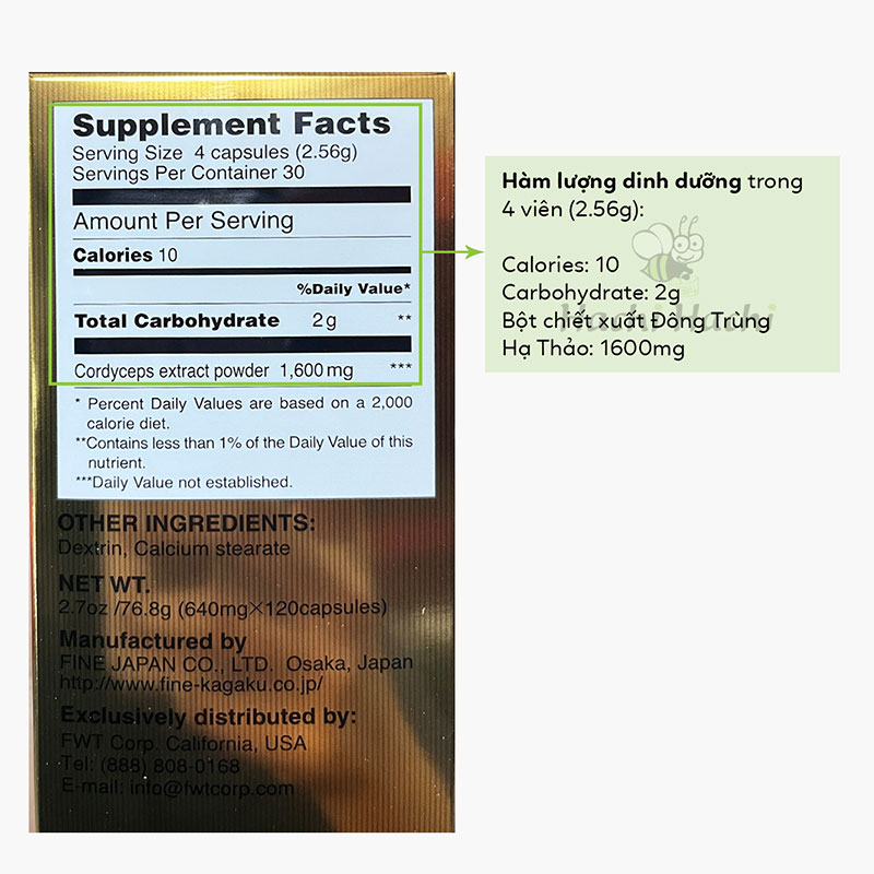 TPBVSK: Viên uống Cordyceps Nhật Bản 120 viên, đông trùng hạ thảo bổ thận, tăng đề kháng, sức khỏe thương hiệu FINE JAPAN
