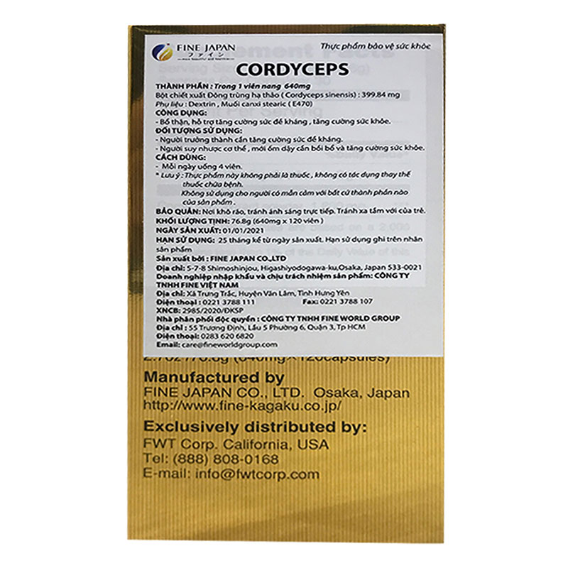 TPBVSK: Viên uống Cordyceps Nhật Bản 120 viên, đông trùng hạ thảo bổ thận, tăng đề kháng, sức khỏe thương hiệu FINE JAPAN