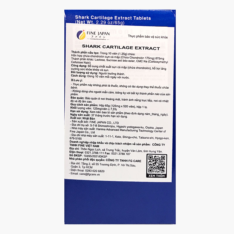 TPBVSK: Viên uống Shark Cartilage Extract Nhật Bản 520 viên,  bổ sung chiết xuất sụn cá mập, tăng sức khỏe sụn khớp thương hiệu FINE JAPAN