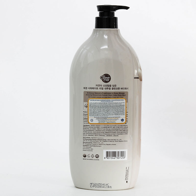 Sữa tắm Hàn Quốc Aekyung Showermate natural clean cotton body wash (hương hoa bông dịu mát) 1.2L thương hiệu AEKYUNG