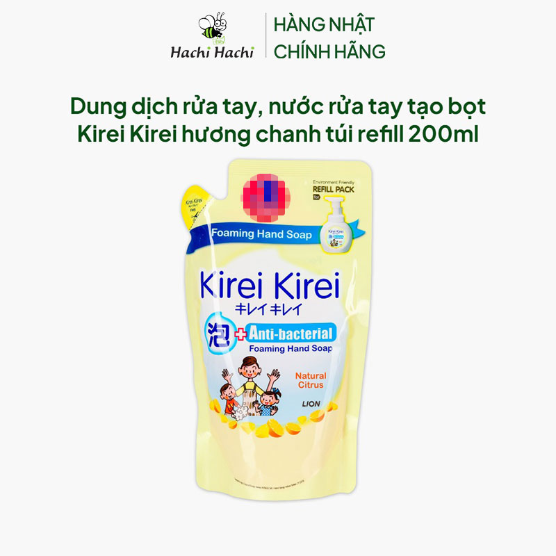 Dung dịch rửa tay, nước rửa tay tạo bọt Kirei Kirei hương chanh túi refill 200ml  thương hiệu LION