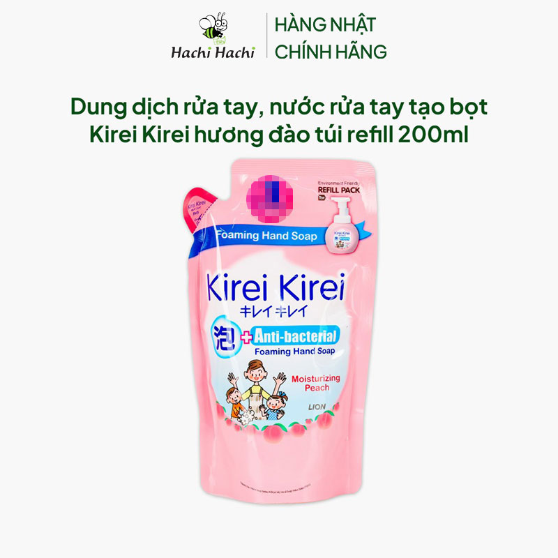 Dung dịch rửa tay, nước rửa tay tạo bọt Kirei Kirei hương đào túi refill 200ml thương hiệu LION