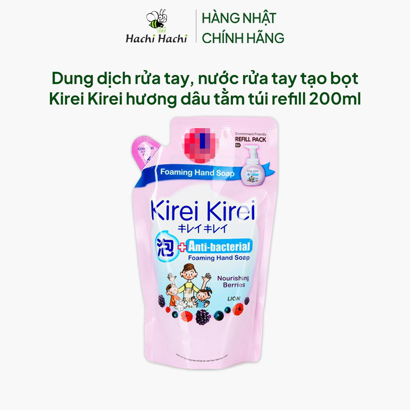Dung dịch rửa tay, nước rửa tay tạo bọt Kirei Kirei hương dâu tằm túi refill 200ml thương hiệu LION