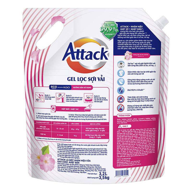 Gel giặt Attack sạch sâu thanh mềm Hương giấc mơ hoa anh đào túi 3.5kg thương hiệu KAO