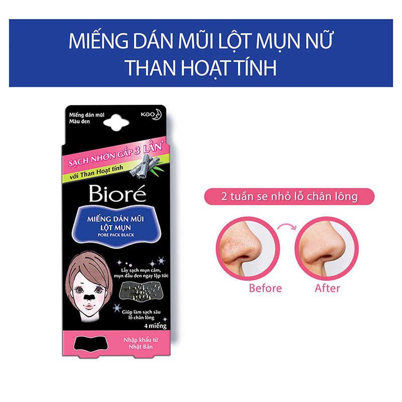 Miếng dán mũi lột mụn Bioré than hoạt tính Biore (4 miếng) thương hiệu BIORE