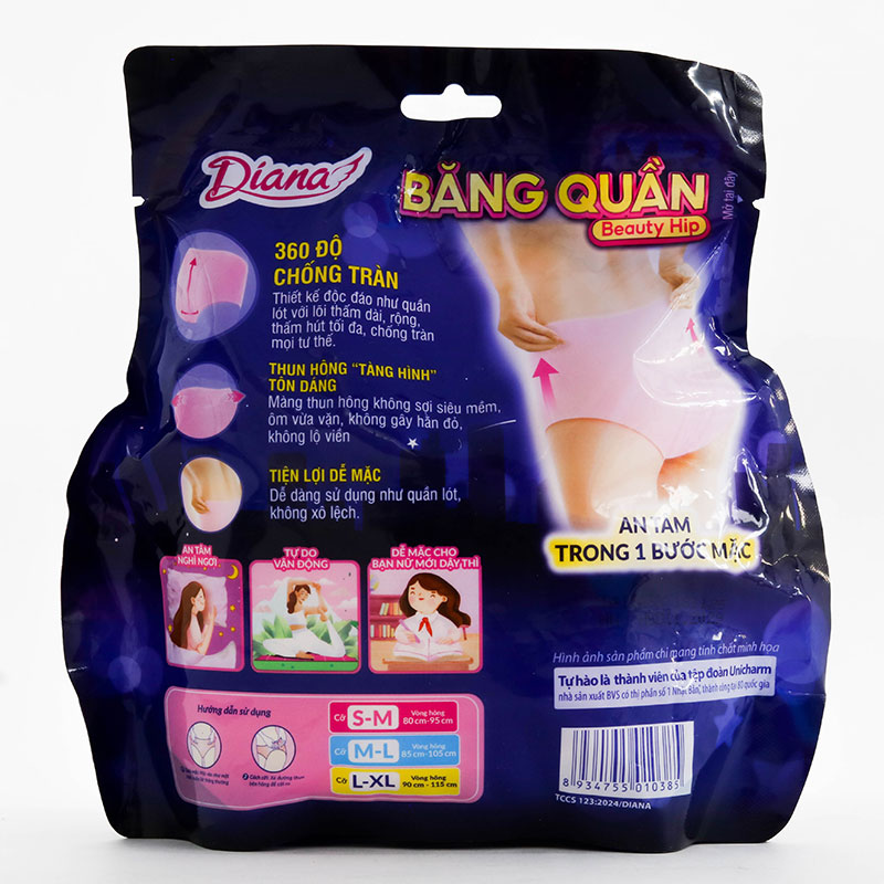 Băng vệ sinh dạng quần chống tràn ban đêm Diana S-M 2 cái (Vòng hông: 80-95cm) thương hiệu UNICHARM