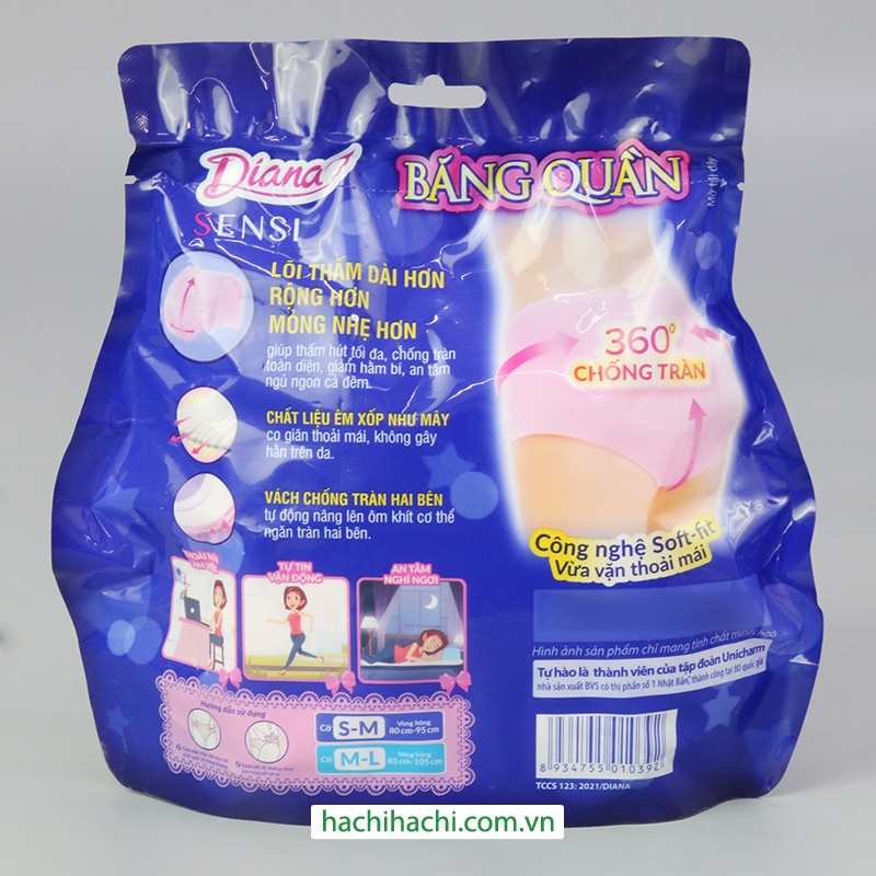 Băng vệ sinh Diana ban đêm dạng quần 2 miếng Size M-L (hông: 90~105cm) thương hiệu UNICHARM
