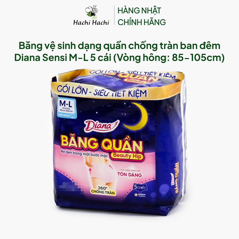 Băng vệ sinh dạng quần chống tràn ban đêm Diana Sensi M-L 5 cái (Vòng hông: 85-105cm) thương hiệu UNICHARM