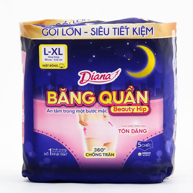 Băng vệ sinh dạng quần chống tràn ban đêm Diana L-XL 5 cái (Vòng hông: 90 - 115cm) thương hiệu UNICHARM
