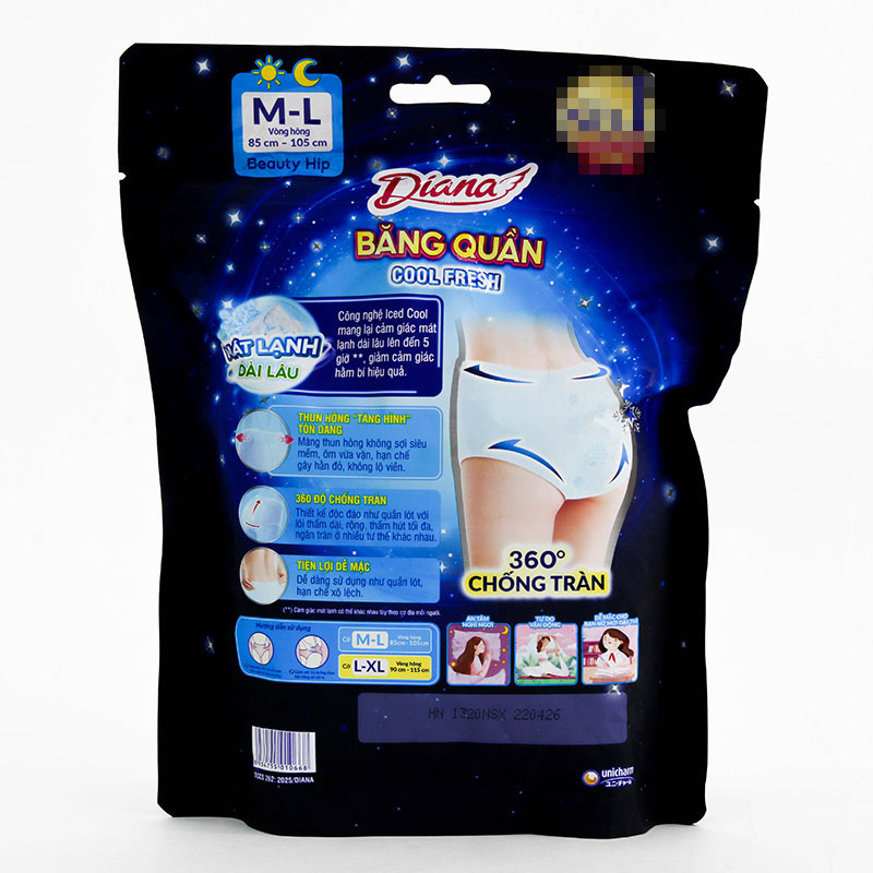 Băng vệ sinh dạng quần chống tràn ban đêm mát lạnh Diana Beauty Hip Cool Fresh M-L 2 cái (Vòng hông: 85 - 105 cm)  thương hiệu UNICHARM