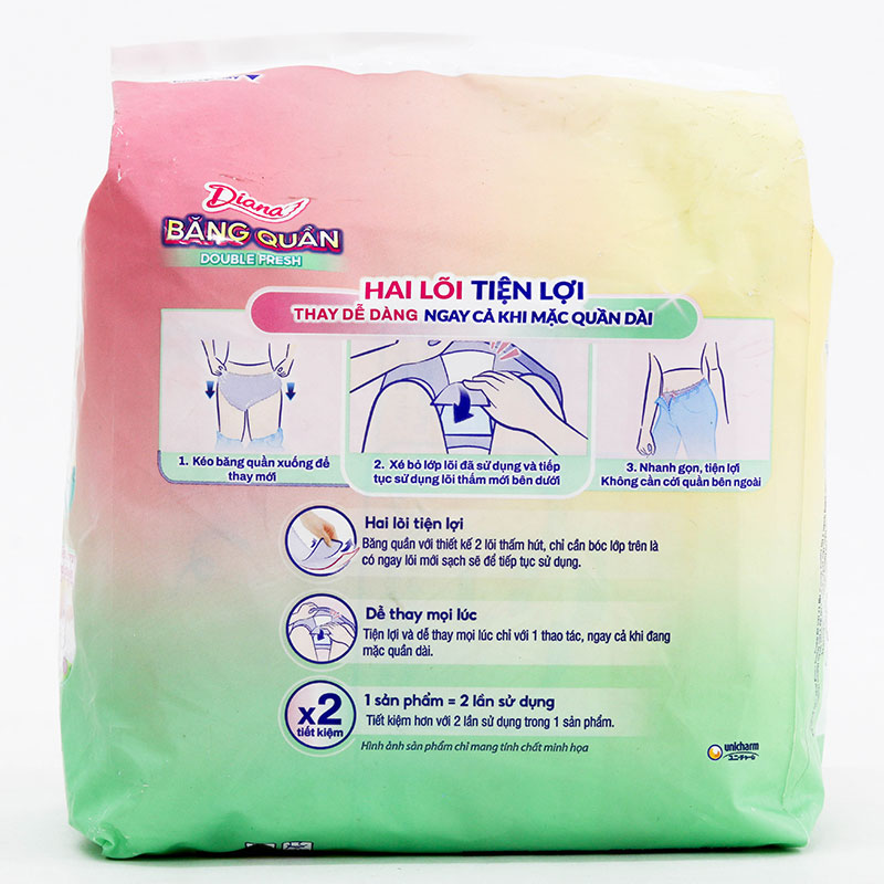 Băng vệ sinh dạng quần chống tràn 2 lõi Diana Double Fresh M-L 6 cái - 12 lần dùng (Vòng hông: 85 - 105 cm)  thương hiệu UNICHARM