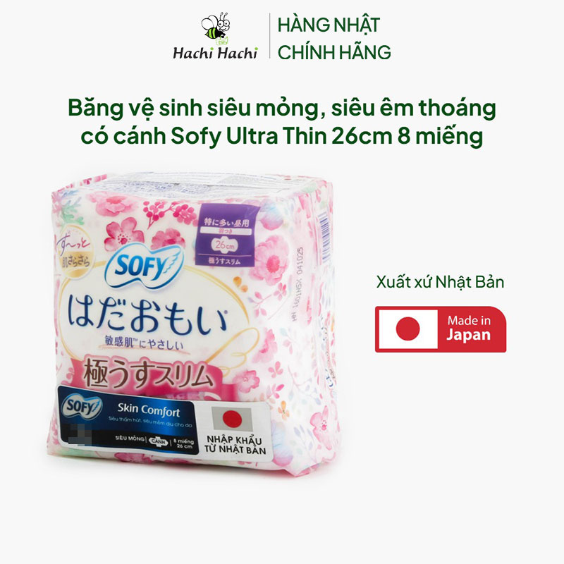 Băng vệ sinh siêu mỏng, siêu êm thoáng  có cánh Sofy Ultra Thin 26cm 8 miếng thương hiệu UNICHARM