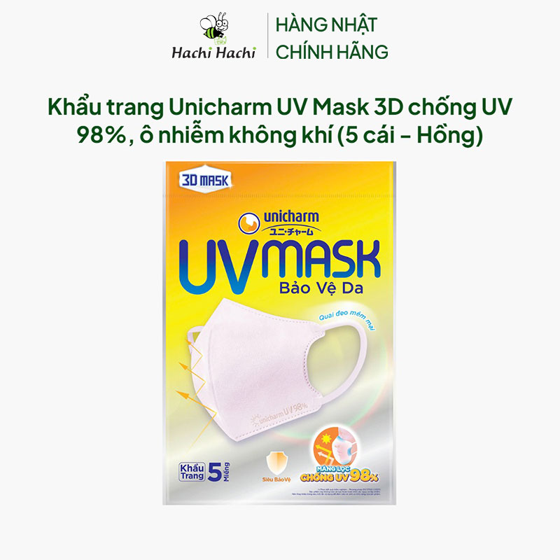 Khẩu trang Unicharm UV Mask 3D chống UV 98%, ô nhiễm không khí (5 cái - Hồng) thương hiệu UNICHARM
