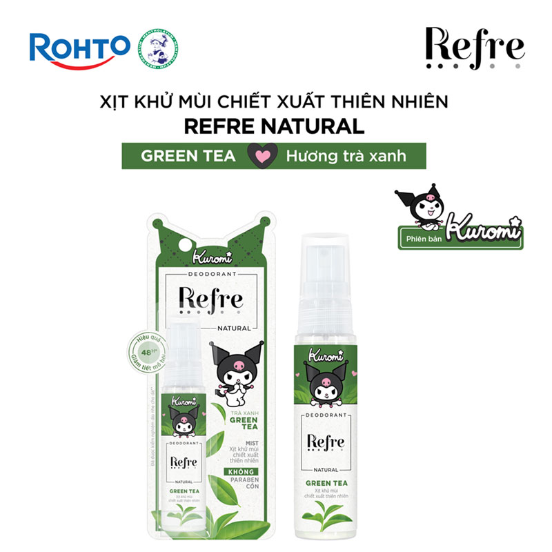 Xịt khử mùi chiết xuất thiên nhiên hương trà xanh  Refre 30ml, Giảm tiết mồ hôi đến 48 tiếng thương hiệu ROHTO