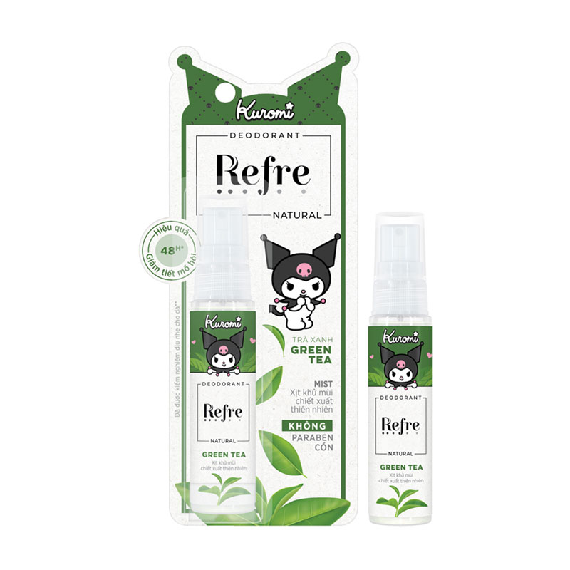 Xịt khử mùi chiết xuất thiên nhiên hương trà xanh  Refre 30ml, Giảm tiết mồ hôi đến 48 tiếng