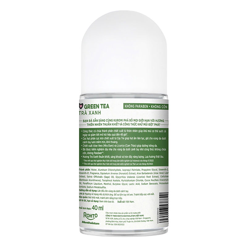Lăn khử mùi trà xanh Natural Green Tea Refre Kuromi 40ml, Giảm tiết mồ hôi 48 tiếng thương hiệu ROHTO