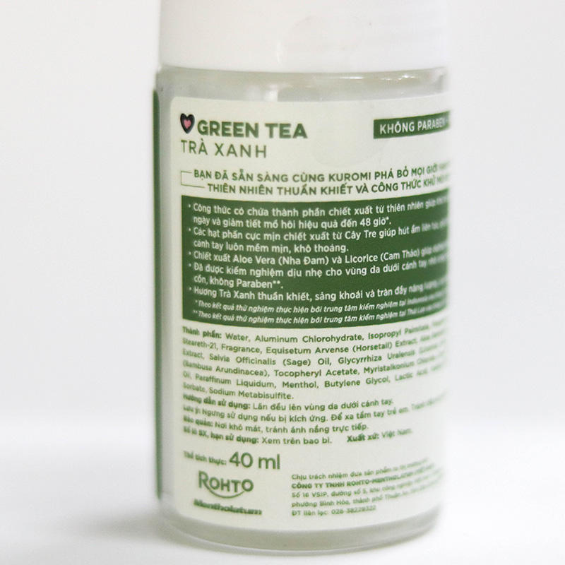 Lăn khử mùi trà xanh Natural Green Tea Refre Kuromi 40ml, Giảm tiết mồ hôi 48 tiếng thương hiệu ROHTO