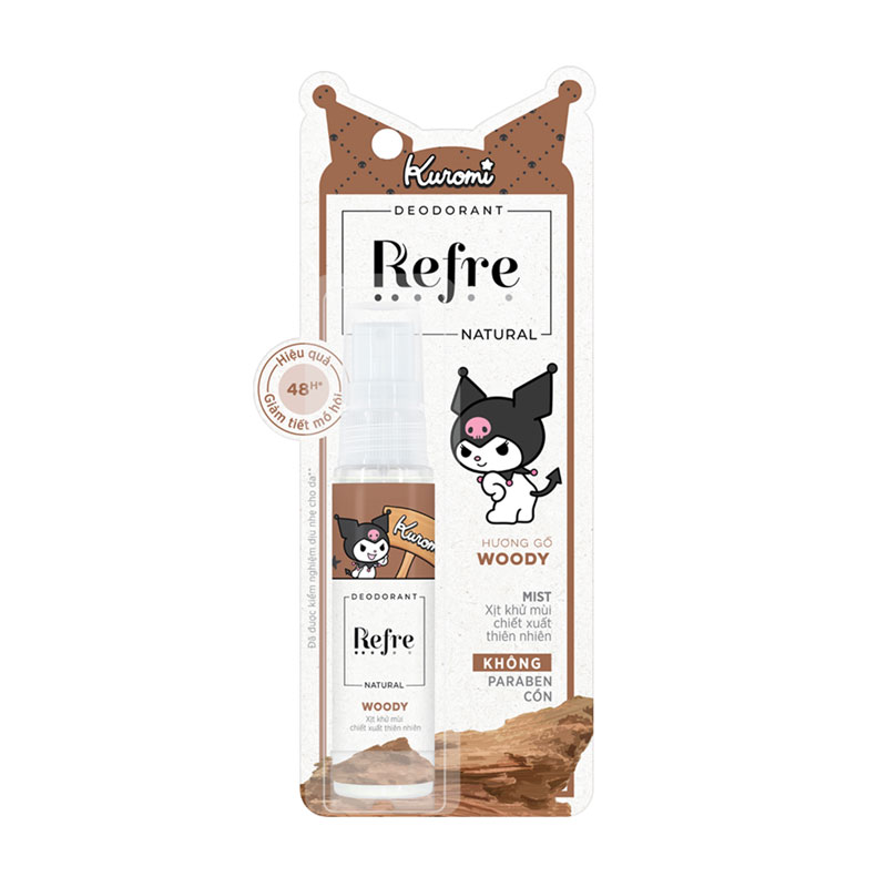 Xịt khử mùi chiết xuất thiên nhiên hương gỗ Woody Refre 30ml, Giảm tiết mồ hôi đến 48 tiếng thương hiệu ROHTO