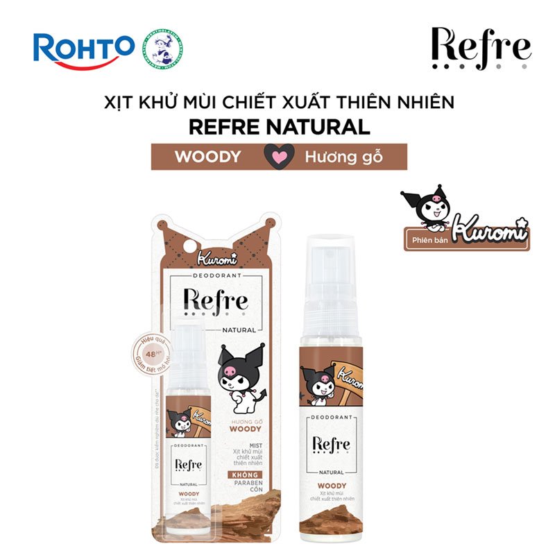 Xịt khử mùi chiết xuất thiên nhiên hương gỗ Woody Refre 30ml, Giảm tiết mồ hôi đến 48 tiếng thương hiệu ROHTO
