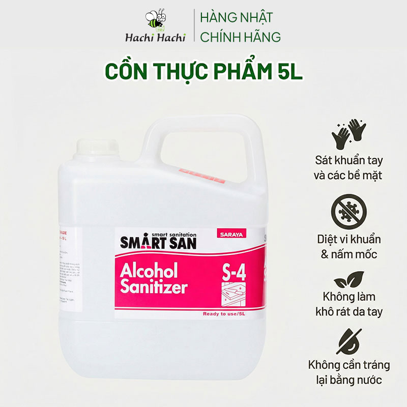 Cồn thực phẩm Smartsan 5L (Food Grade Alcohol Sanitizer S-4) thương hiệu SARAYA