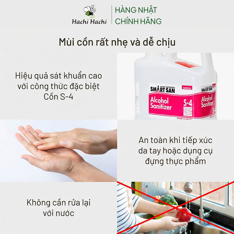 Cồn thực phẩm Smartsan 5L (Food Grade Alcohol Sanitizer S-4) thương hiệu SARAYA