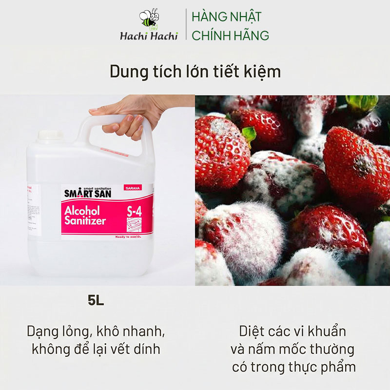 Cồn thực phẩm Smartsan 5L (Food Grade Alcohol Sanitizer S-4) thương hiệu SARAYA