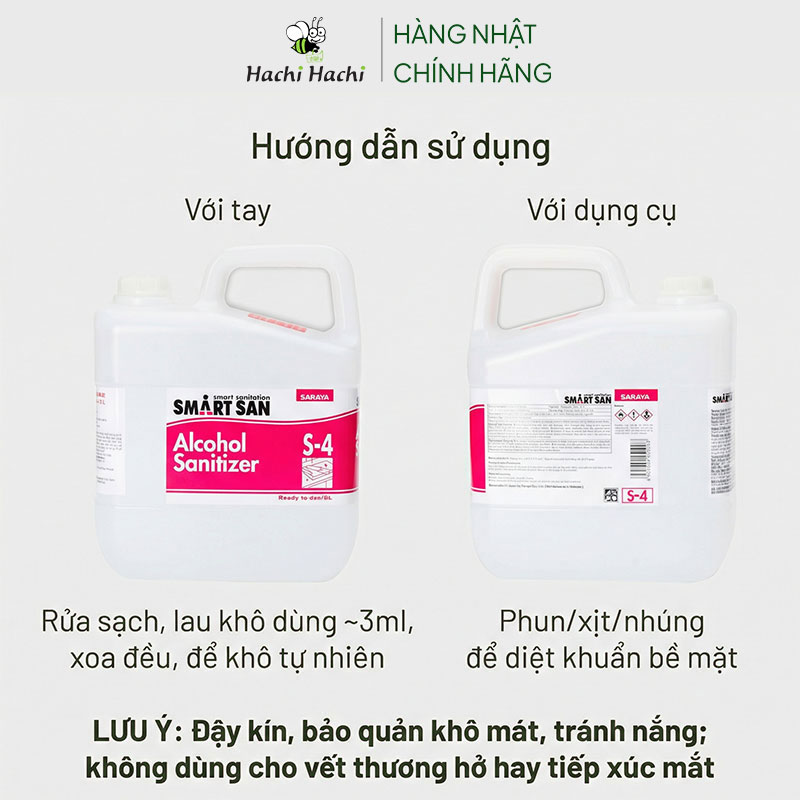 Cồn thực phẩm Smartsan 5L (Food Grade Alcohol Sanitizer S-4) thương hiệu SARAYA