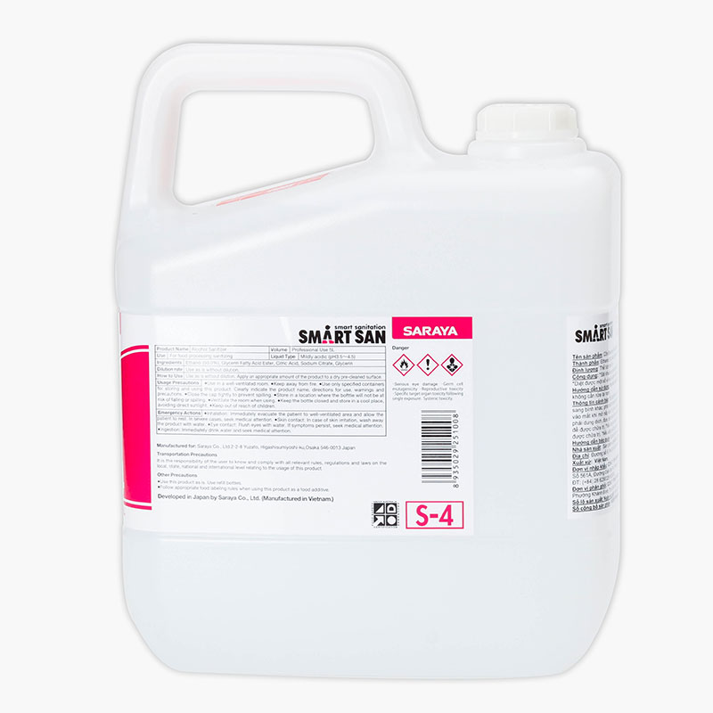 Cồn thực phẩm Smartsan 5L (Food Grade Alcohol Sanitizer S-4) thương hiệu SARAYA