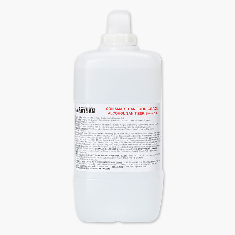 Cồn thực phẩm Smartsan 5L (Food Grade Alcohol Sanitizer S-4) thương hiệu SARAYA