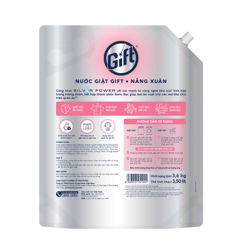 Nước giặt Gift Nắng Xuân Nano bạc kháng khuẩn khử mùi 3,6kg (Túi refill) thương hiệu EARTH BIO CHEMICAL