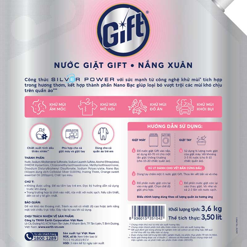 Nước giặt Gift Nắng Xuân Nano bạc kháng khuẩn khử mùi 3,6kg (Túi refill) thương hiệu EARTH BIO CHEMICAL